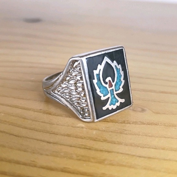 Vintage Navajo Silver Turquoise Inlay Thunderbird Ring‎ Size 12 (Metal Unknown)